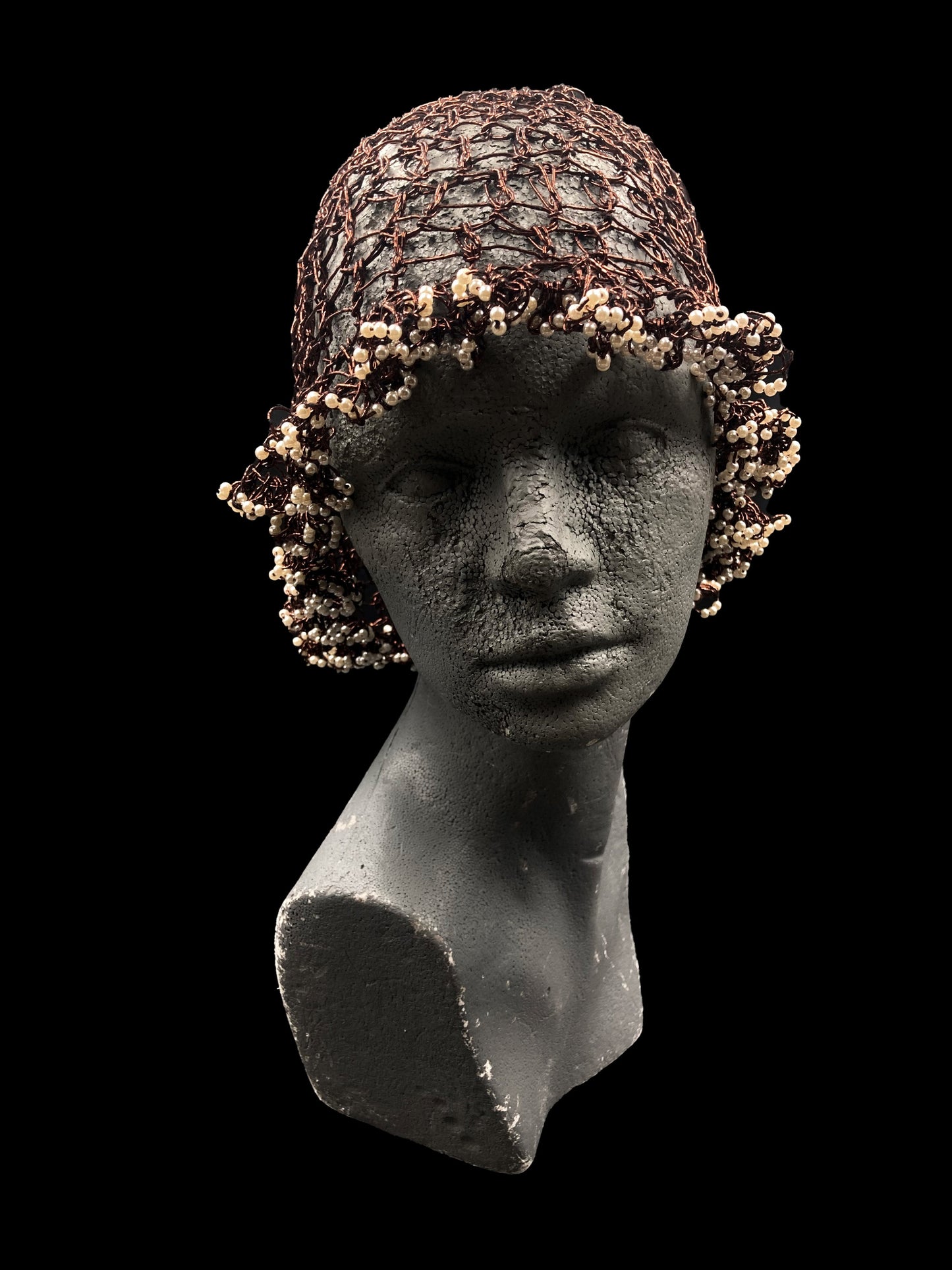 Handmade crochet hat, copper with small pearl white beads. Designed for a unisex fit, one size fits all.