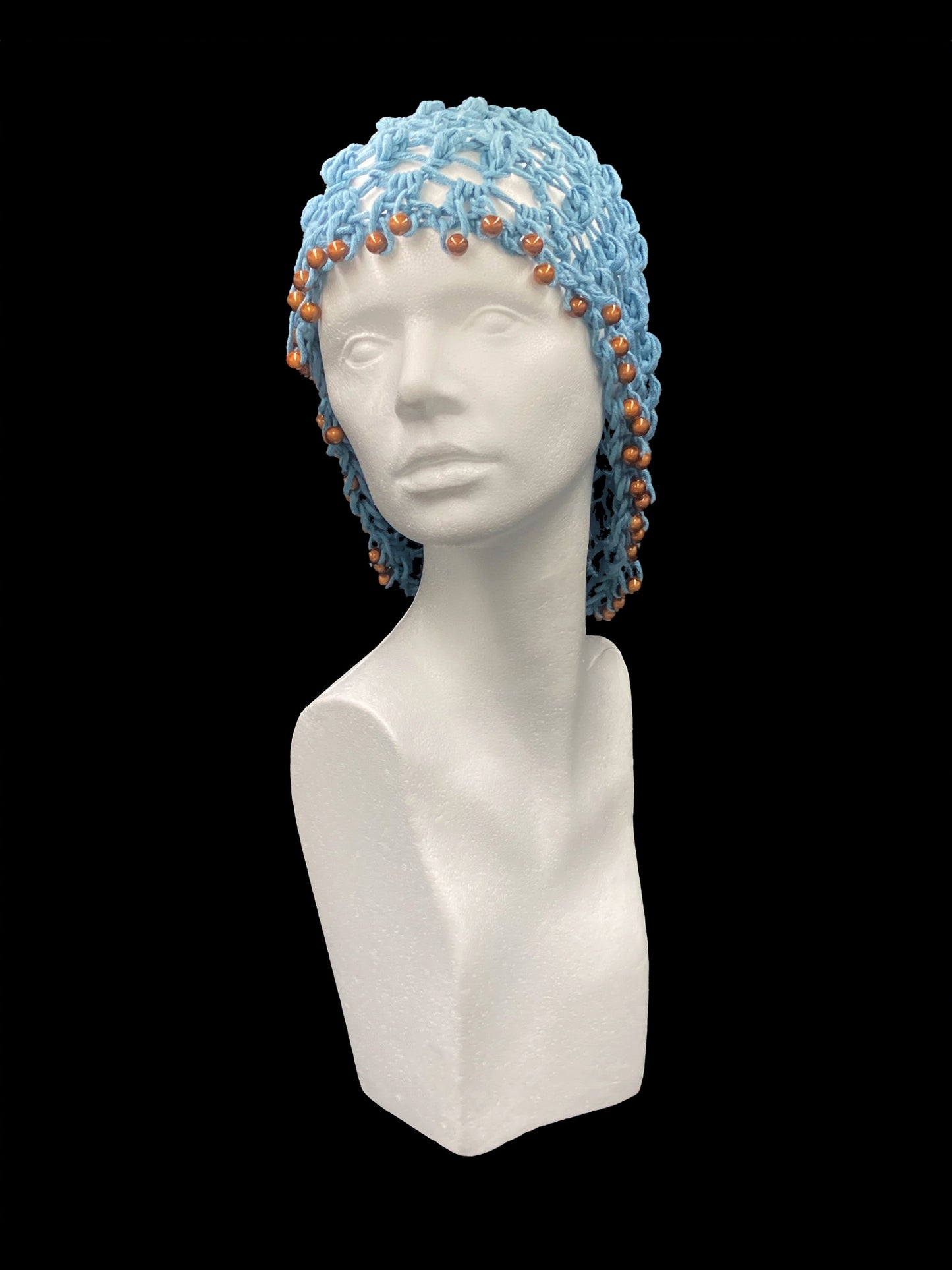 Handmade crochet hat, light blue with brown beads. Designed for a unisex fit, one size fits all.
