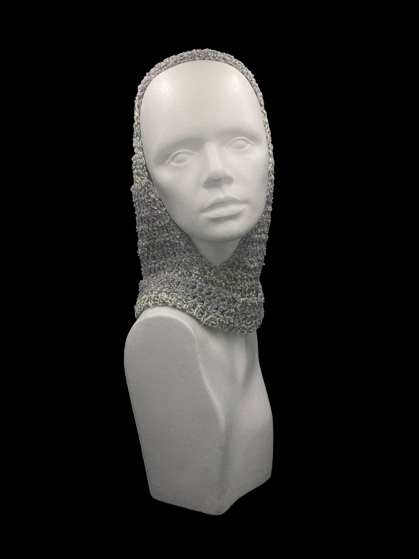Handmade crochet balaclava with an open-face design, grey, white and light green. Designed for a unisex fit, one size fits all.