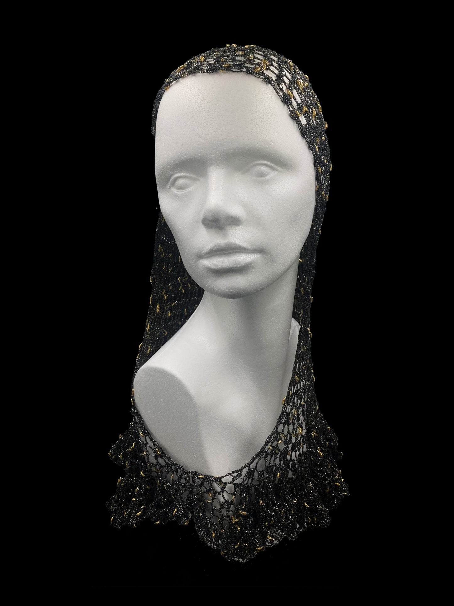 Handmade crochet Tarha in silver and black, perfect for summer and wearable in various ways on the head and shoulders