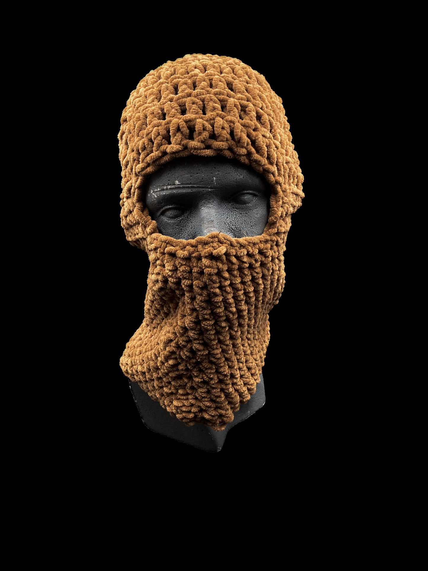 Handmade crochet balaclava, brown, featuring an open-eye design. Designed for a unisex fit, one size fits all.