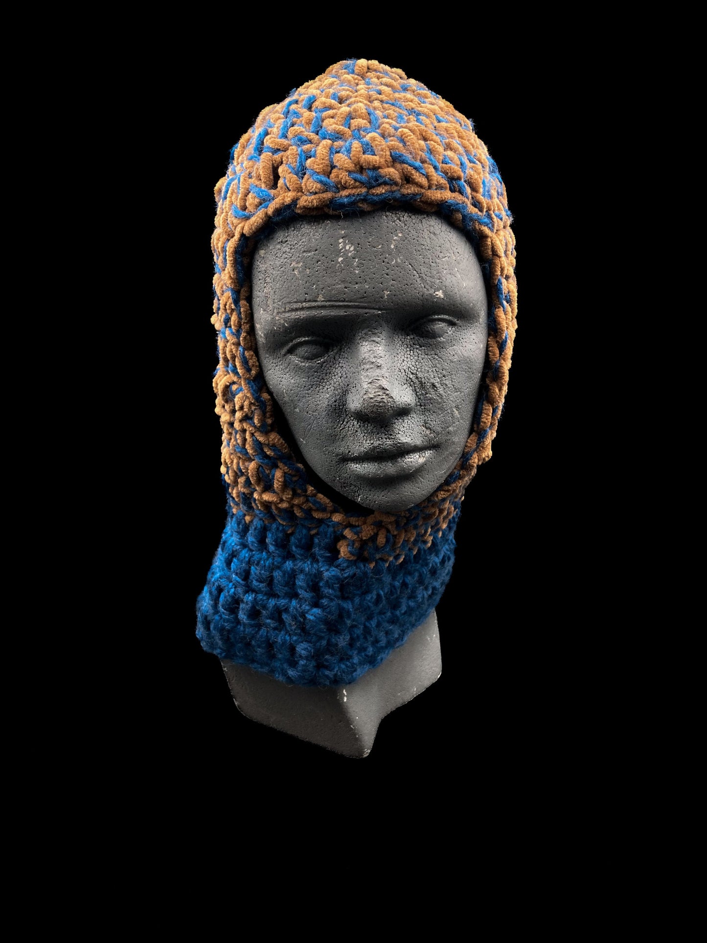 Handmade crochet balaclava with an open-face design, blue and gold. Designed for a unisex fit, one size fits all.