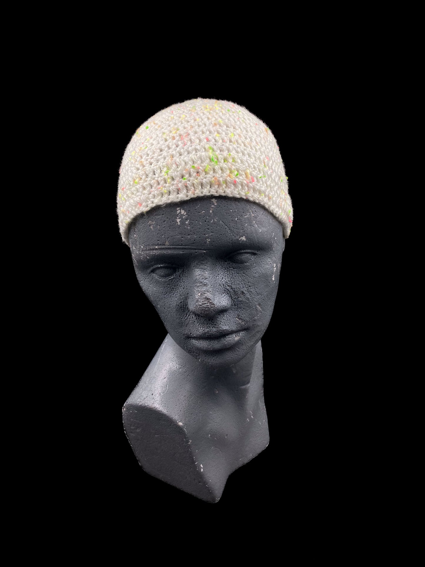 Handmade crochet beanie, white with colorful dots. Designed for a unisex fit, one size.