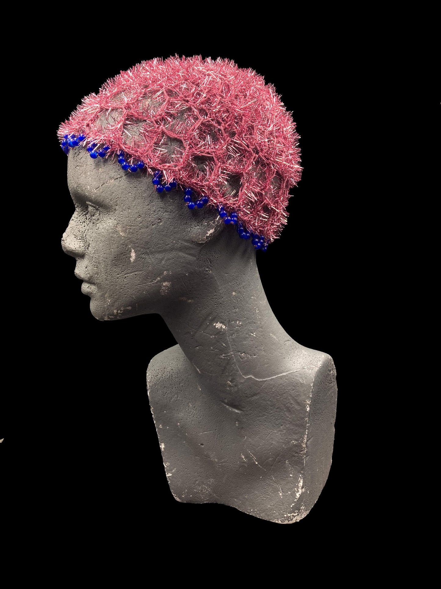 Handmade crochet beanie, pink with blue beads. Designed for a unisex fit, one size fits all.