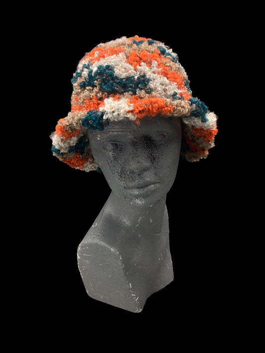 Handmade crochet bucket-hat, orange, green, white and beige. Designed for a unisex fit, one size fits all.