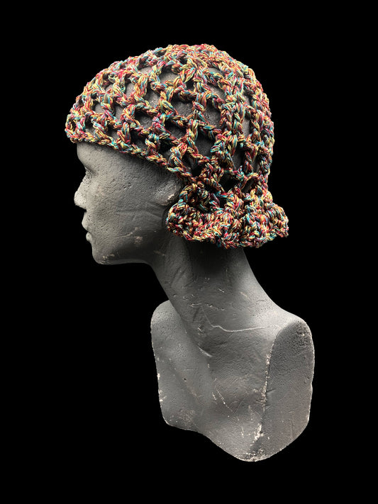 Handmade crochet headwear features a bold mullet-inspired design for summer, multicoloured. Designed for a unisex fit, one size fits all.