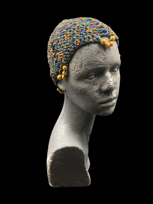 Handmade crochet hat, yellow, orange, purple, turquoise with yellow beads. Designed for a unisex fit, one size fits all.