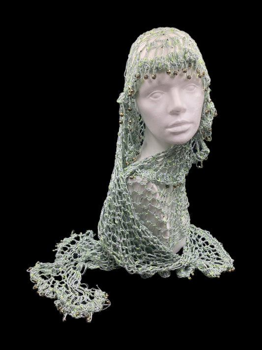 Handmade crochet Tarha in shimmering celadone green and silver with silver beads details and airy openwork, perfect for summer and wearable in various ways on the head and shoulders