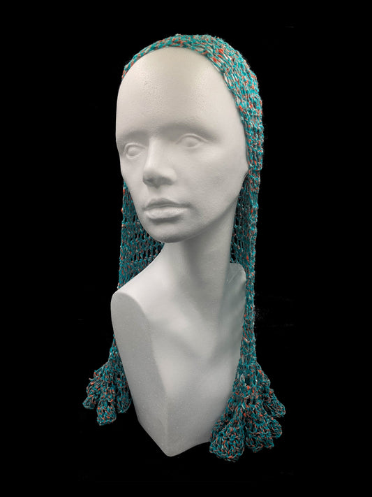 Handmade crochet Tarha in turquoise and orange, airy openwork, perfect for summer and wearable in various ways on the head and shoulders
