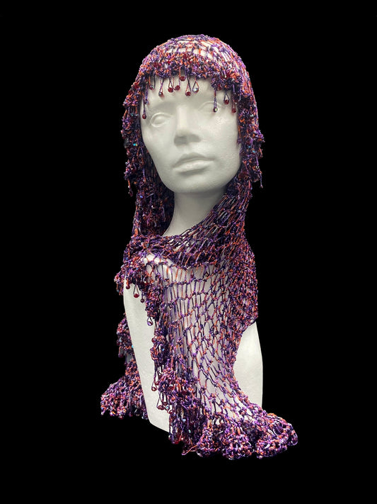 Handmade crochet Tarha in shimmering purple, copper and amber tones, with red beads details and airy openwork, perfect for summer and wearable in various ways on the head and shoulders.
