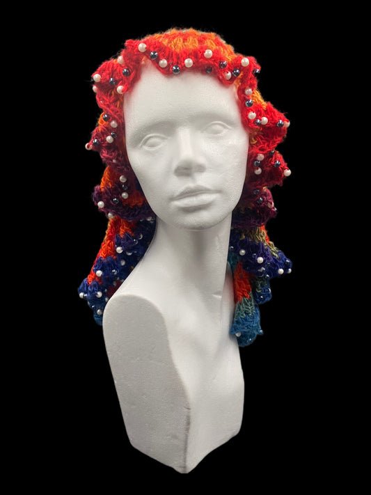 Handmade crochet Tarha rainbow, with black and white beads details and airy openwork, perfect for summer and wearable in various ways on the head and shoulders