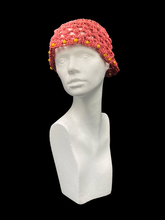 Handmade crochet hat, salmon with gold beads. Designed for a unisex fit, one size fits all.