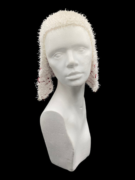 Handmade crochet half Tarha, white and red, with red, green and white beads details and airy openwork, perfect for summer and wearable in various ways on the head and shoulders
