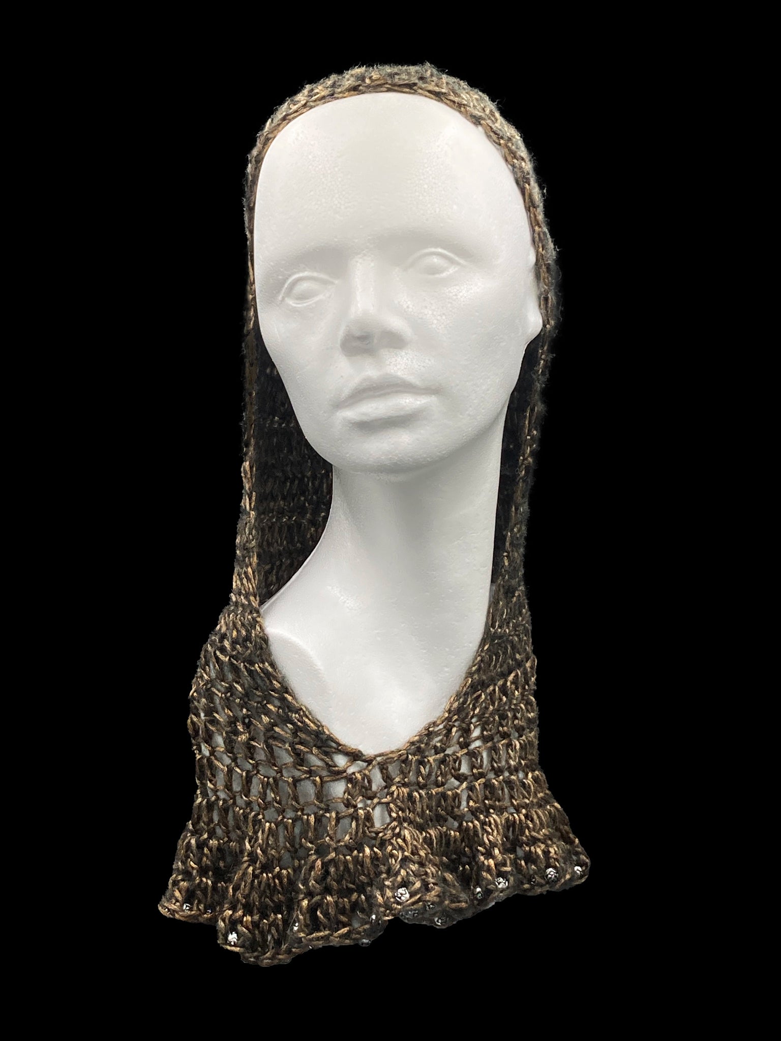 Handmade crochet Tarha in gold and black, with silver beads, perfect for summer and wearable in various ways on the head and shoulders
