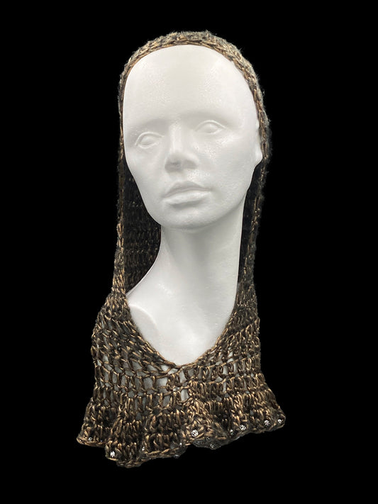 Handmade crochet Tarha in gold and black, with silver beads, perfect for summer and wearable in various ways on the head and shoulders
