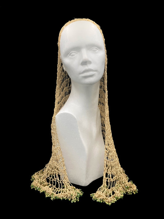 Handmade crochet Tarha in gold, with green beads details and airy openwork, perfect for summer and wearable in various ways on the head and shoulders
