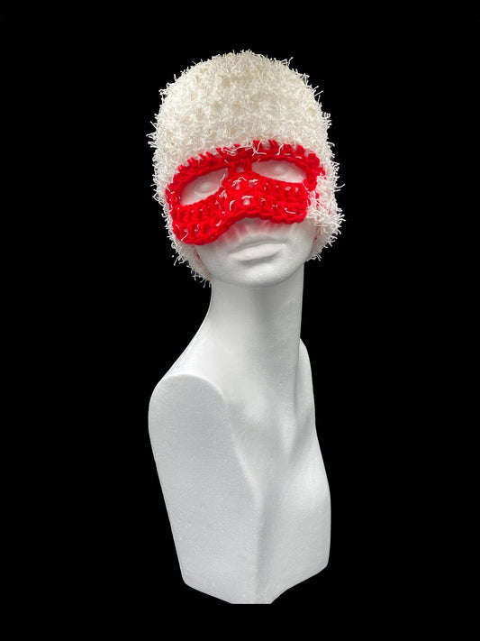 Handmade crochet half face balaclava, white and red, featuring an open-eye design.&nbsp;Designed for a unisex fit, one size fits all.