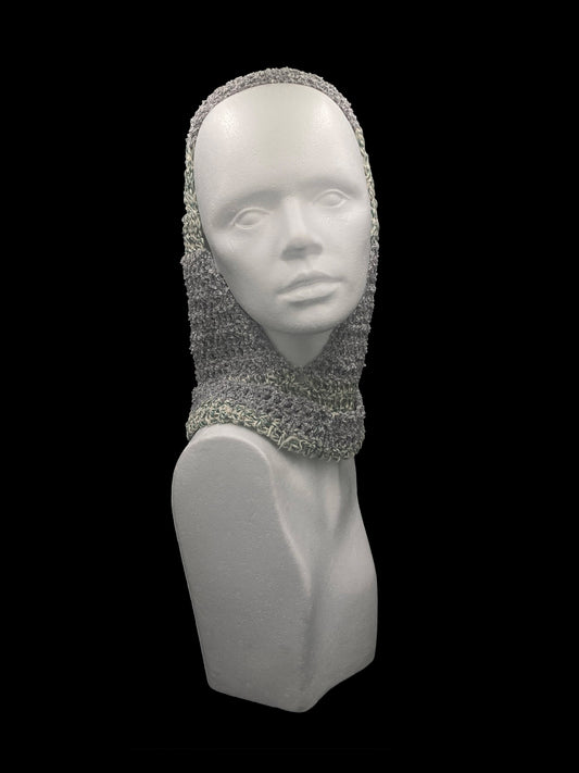 Handmade crochet balaclava with an open-face design, grey, white and light green. Designed for a unisex fit, one size fits all.

