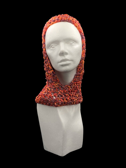 Handmade crochet balaclava with an open-face design, shades of orange and purple. Designed for a unisex fit, one size fits all.