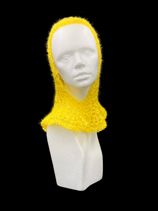 Handmade crochet balaclava with an open-face design featuring a waved-edge neck, metallic yellow. Designed for a unisex fit, one size fits all.
