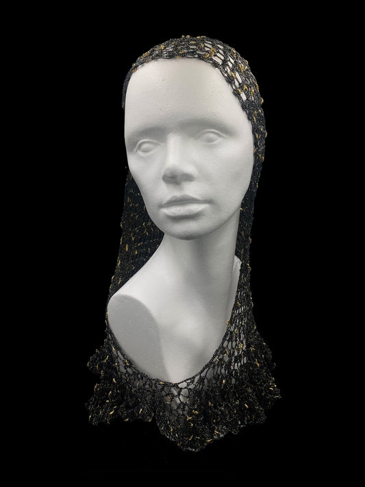 Handmade crochet Tarha in silver and black, perfect for summer and wearable in various ways on the head and shoulders
