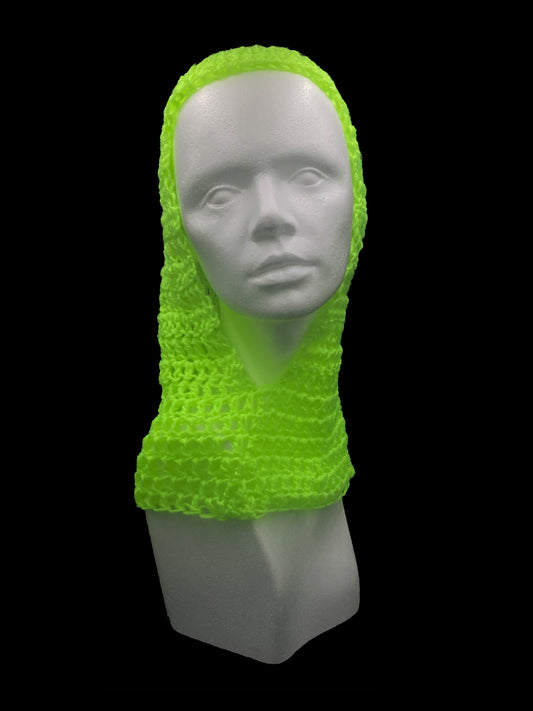 Handmade crochet balaclava with an open-face design, neon yellow / green. Designed for a unisex fit, one size fits all.
