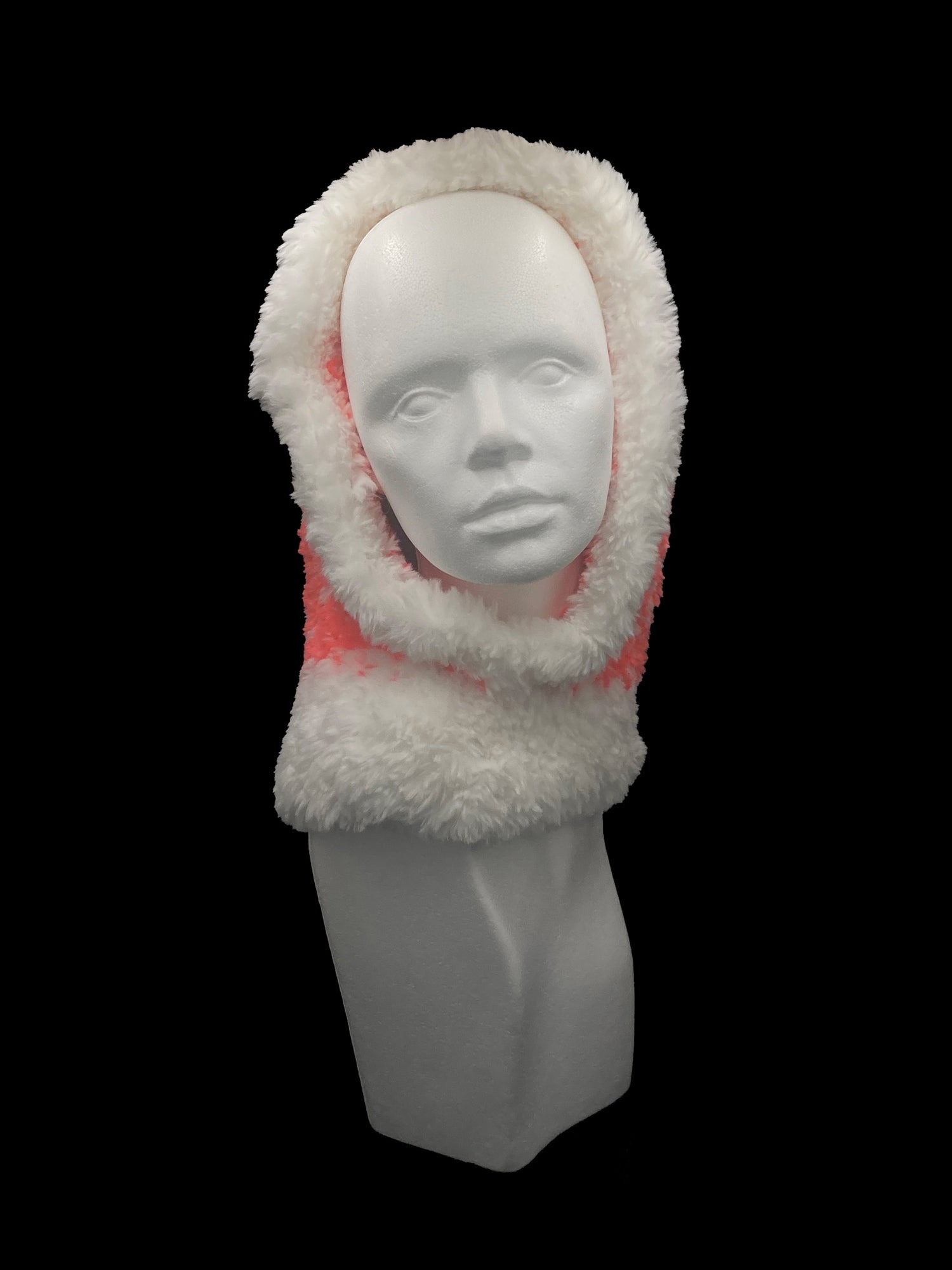 Handmade crochet balaclava with an open-face design, white and pink-orange. Designed for a unisex fit, one size fits all.