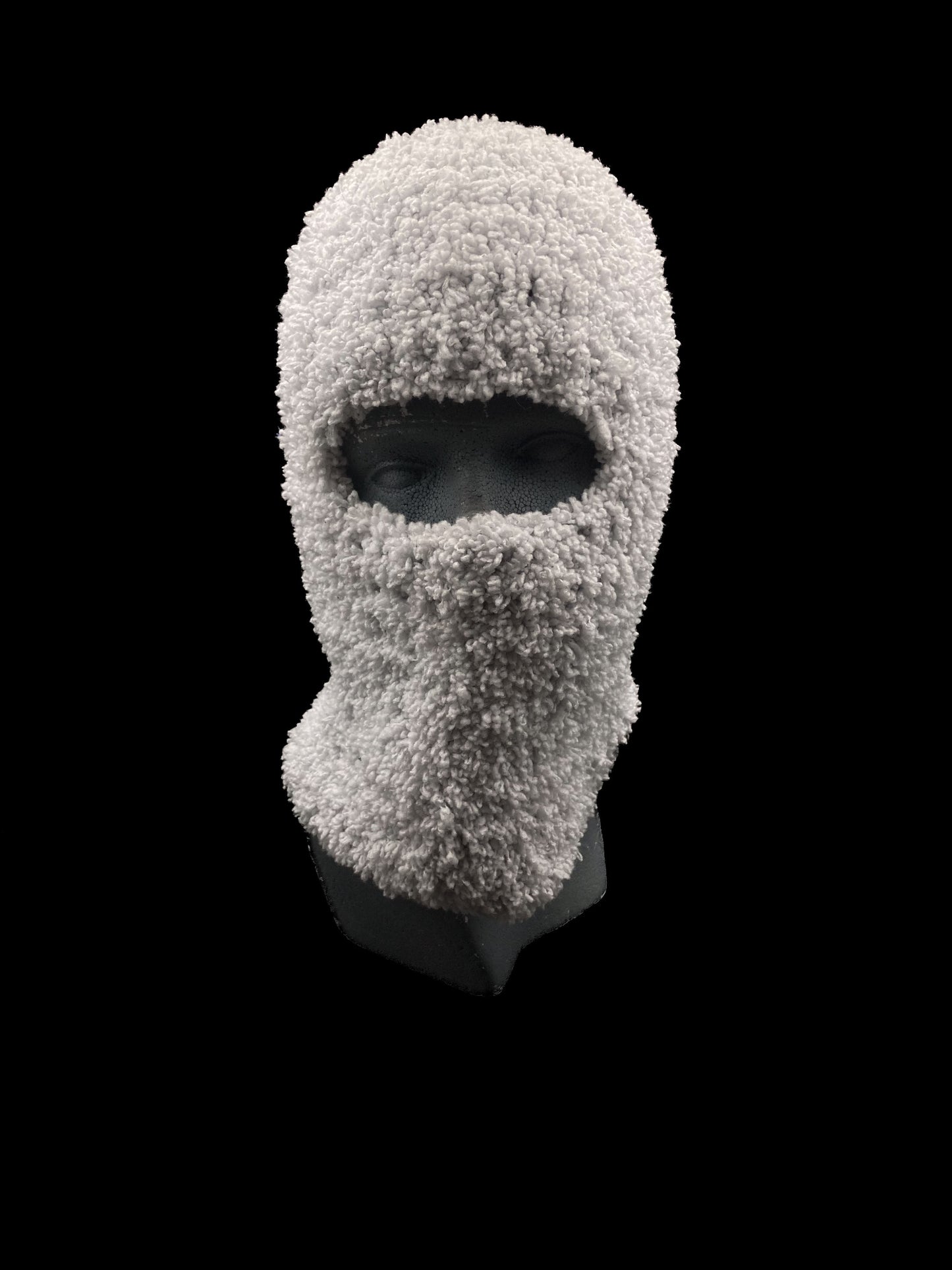 Handmade crochet balaclava, pure white, featuring an open-eye design. Designed for a unisex fit, one size fits all.