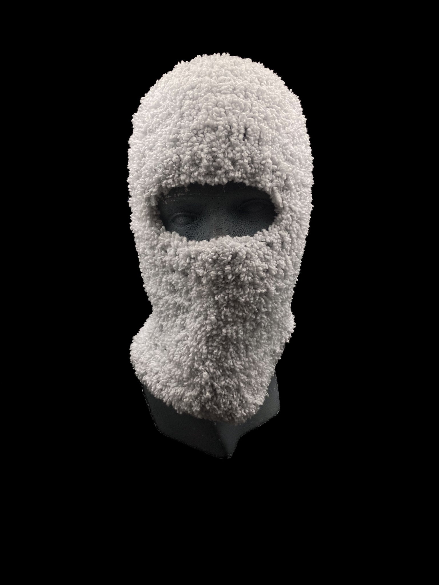 Handmade crochet balaclava, pure white, featuring an open-eye design. Designed for a unisex fit, one size fits all.