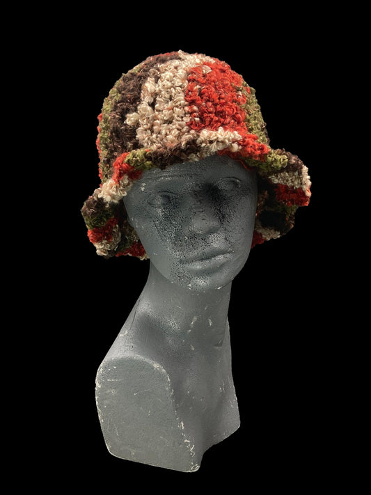 Handmade crochet bucket-hat, red, beige, brown and green. Designed for a unisex fit, one size fits all.