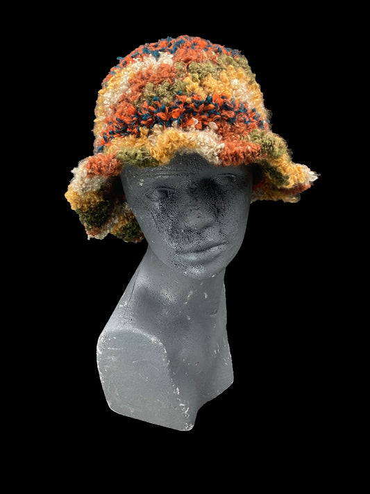 Handmade crochet bucket-hat, multicoloured. Designed for a unisex fit, one size fits all.