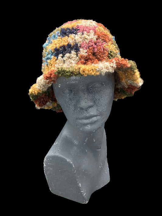 Handmade crochet bucket-hat, multicoloured. Designed for a unisex fit, one size fits all.