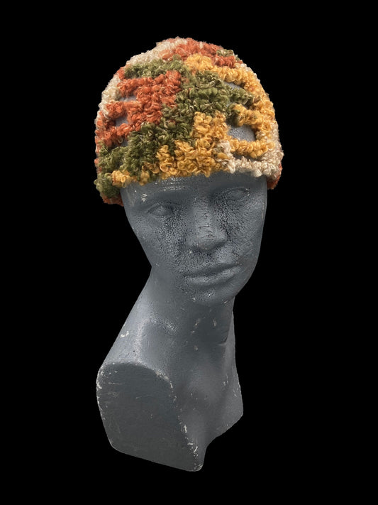 Handmade crochet beanie, beige, olive green, yellow and orange. Designed for a unisex fit, small size.