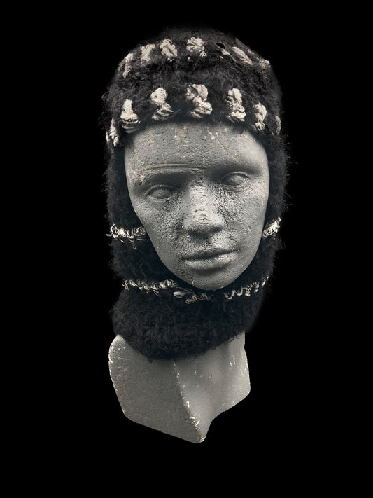 Handmade crochet balaclava with an open-face design, black and white. Designed for a unisex fit, one size fits all.
