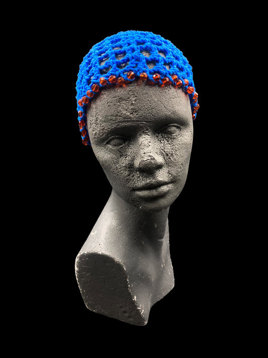 Handmade crochet beanie, blue with orange beads. Designed for a unisex fit, one size fits all.