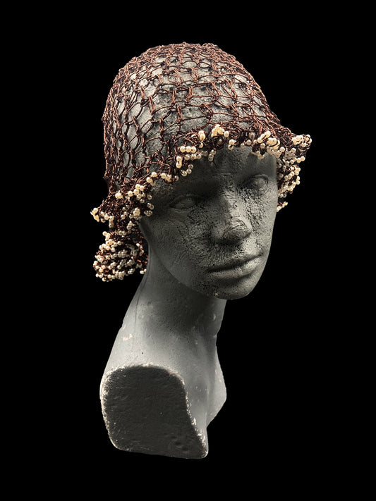 Handmade crochet hat, copper with small pearl white beads. Designed for a unisex fit, one size fits all.