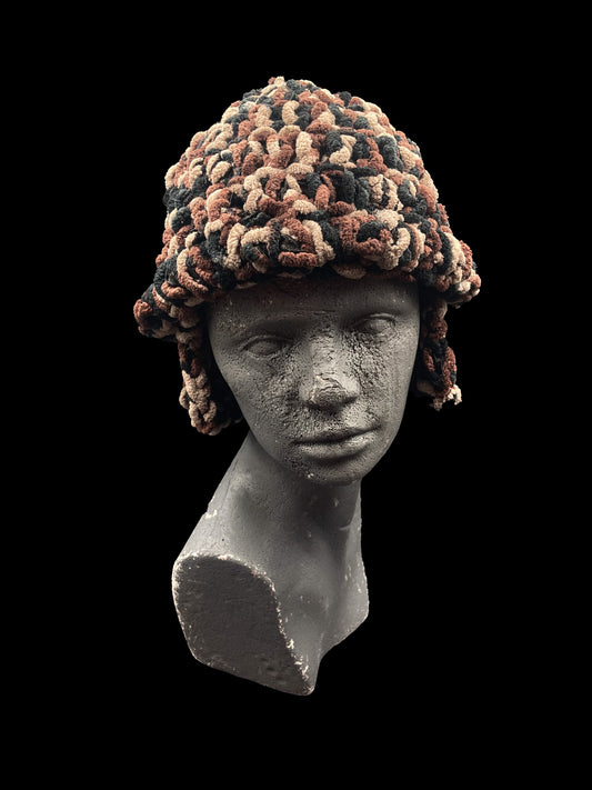 Handmade crochet headwear features a cozy ear-covering design, black, brown, beige. Designed for a unisex fit, one size fits all.

