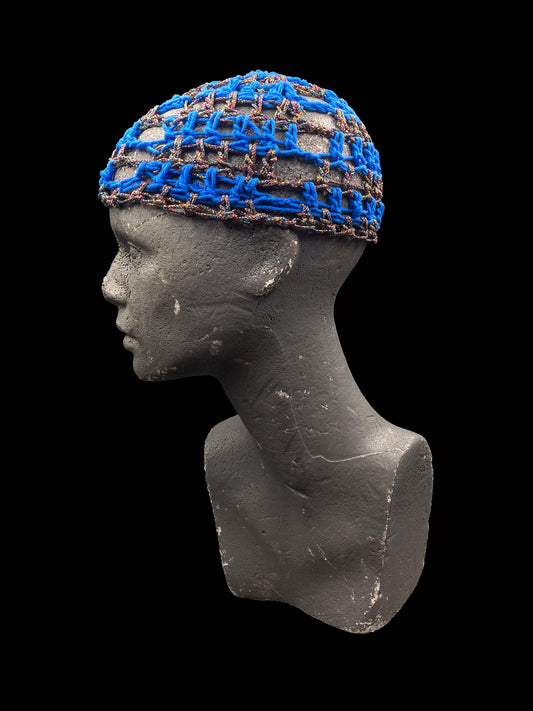 Handmade crochet beanie, blue and multicoloured. Designed for a unisex fit, small size.
