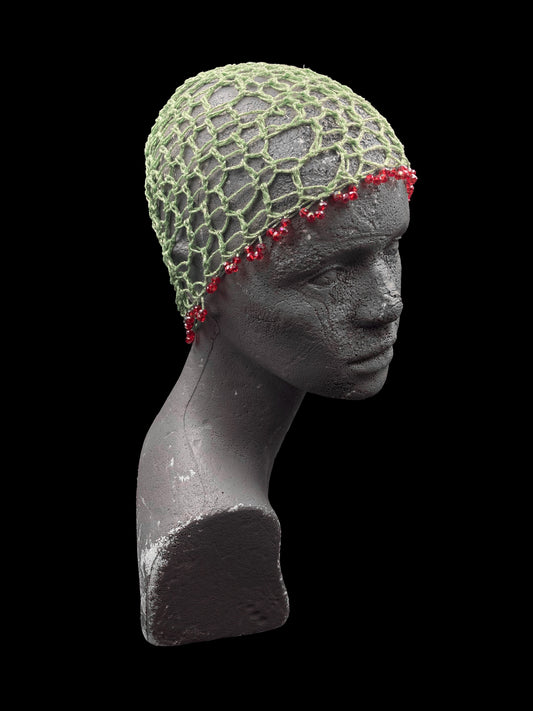 Handmade crochet beanie, emerald green with red beads. Designed for a unisex fit, one size fits all.
