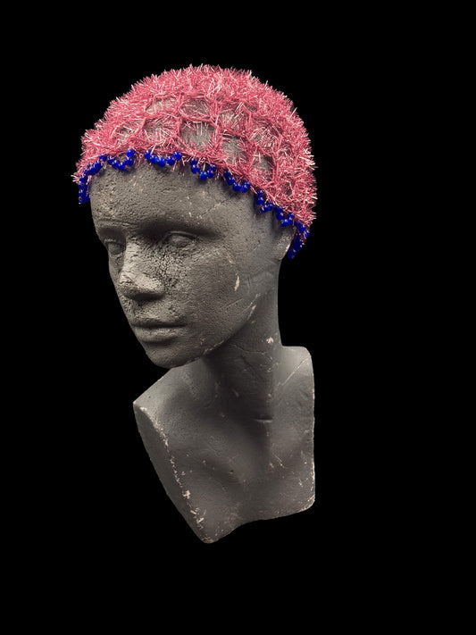 Handmade crochet beanie, pink with blue beads. Designed for a unisex fit, one size fits all.