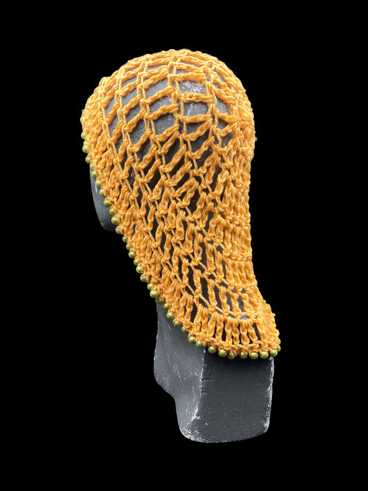 Handmade crochet headpiece, amber with yellow beads. Designed for a unisex fit, one size fits all.