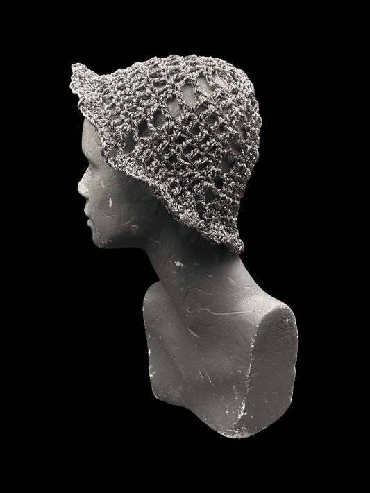 Handmade crochet bucket-hat, silver. Designed for a unisex fit, one size fits all.