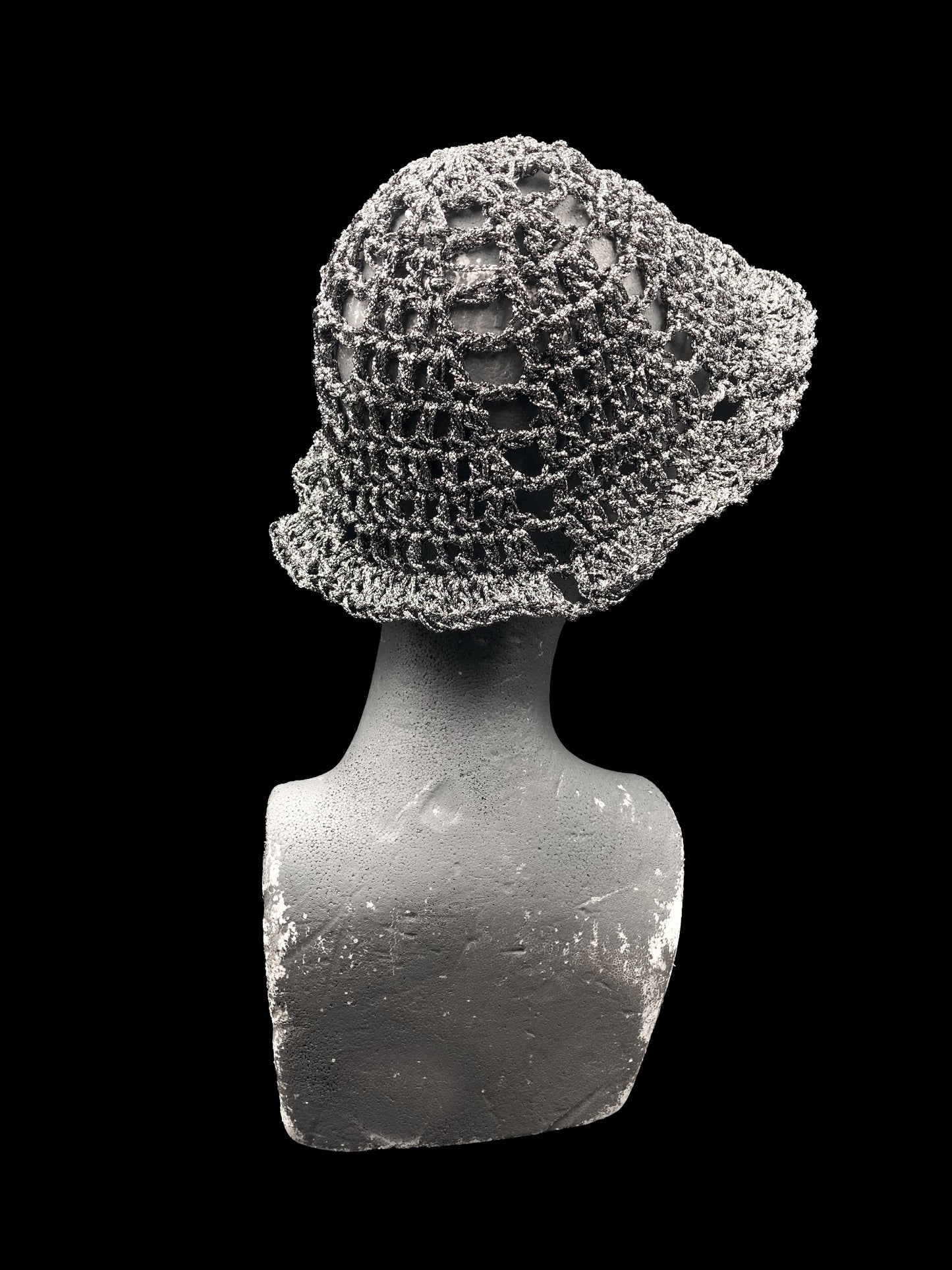 Handmade crochet bucket-hat, silver. Designed for a unisex fit, one size fits all.