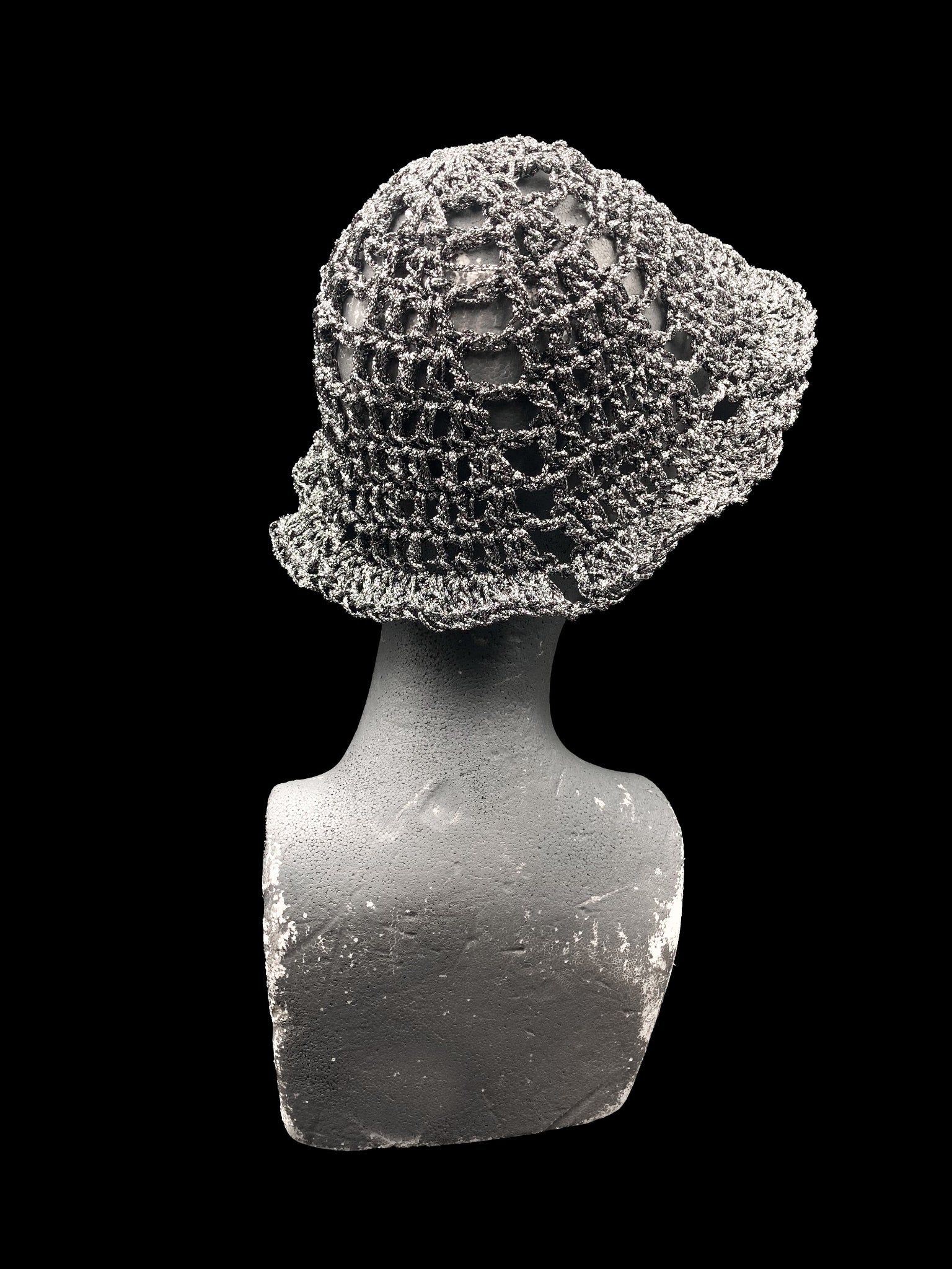 Handmade crochet bucket-hat, silver. Designed for a unisex fit, one size fits all.
