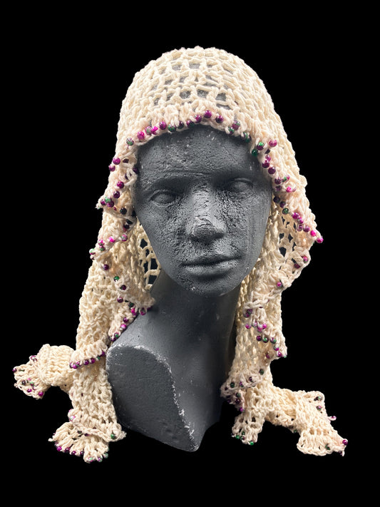 Handmade crochet Tarha in beige with multicolour beads details and airy openwork, perfect for summer and wearable in various ways on the head and shoulders