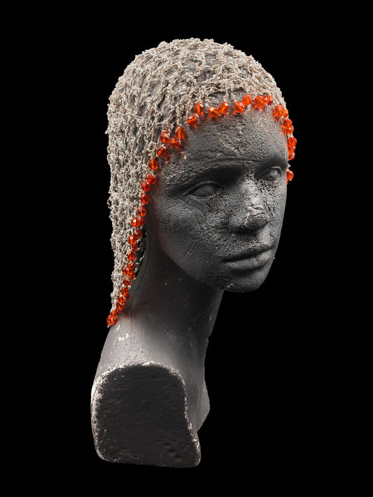 Handmade crochet hat, silver with orange beads. Designed for a unisex fit, one size fits all.
