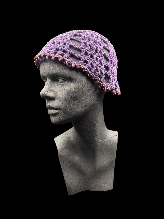 Handmade crochet beanie, purple with brown beads. Designed for a unisex fit, one size fits all.