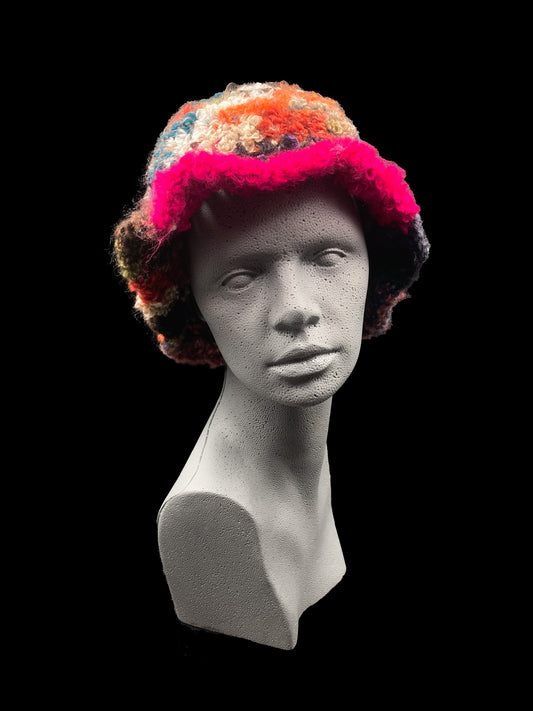 Handmade crochet bucket-hat, multicoloured. Designed for a unisex fit, one size fits all.