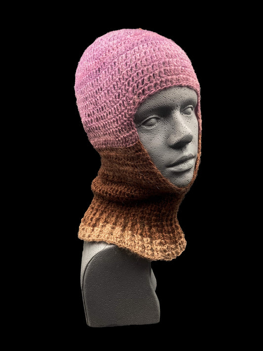 Handmade crochet balaclava with an open-face design featuring a waved-edge neck, purple, brown and beige. Designed for a unisex fit, one size fits all.