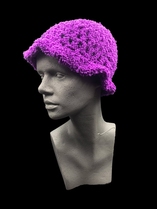 Handmade crochet bucket-hat, purple with a dark blue strip. Designed for a unisex fit, one size fits all.